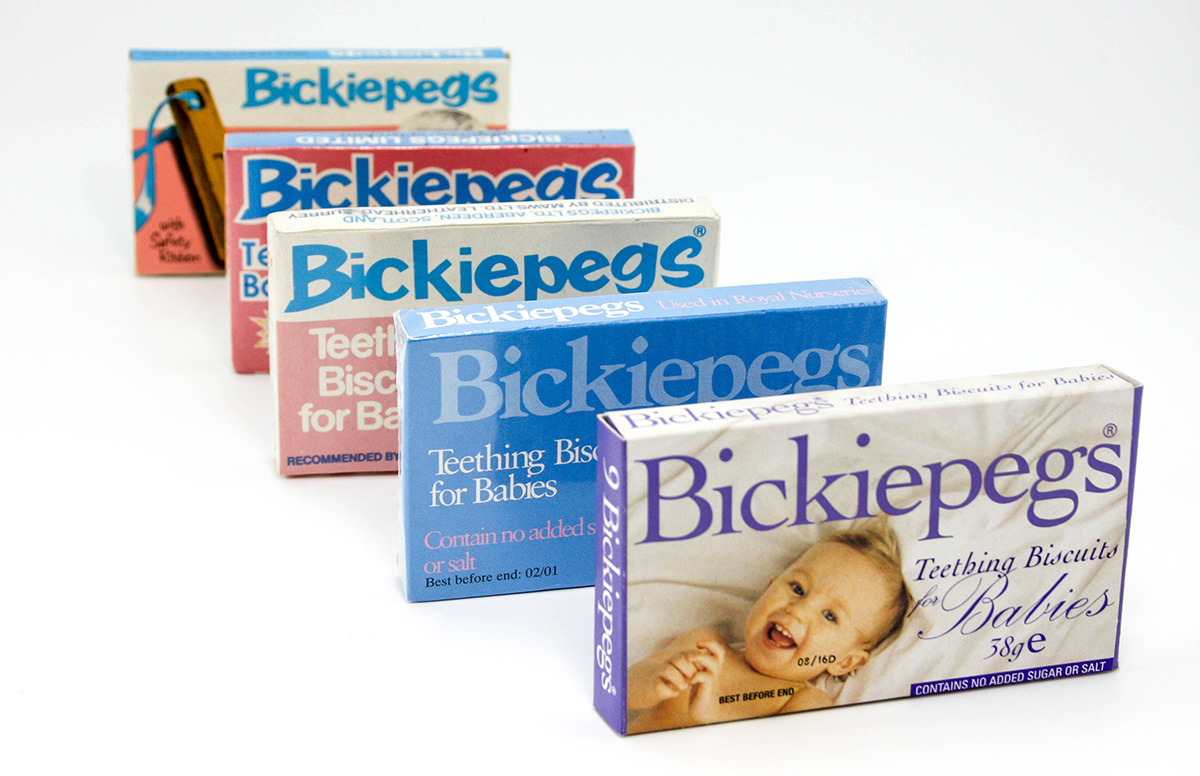 Bickiepegs Natural Teething Biscuits packaging through the years